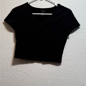 Black V neck Short Sleeve Crop Top